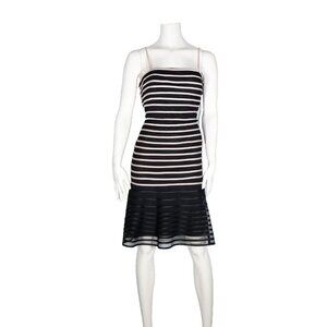JS Collections Women's US12 Black Beige Cocktail Dress Striped Satin Mesh Mini